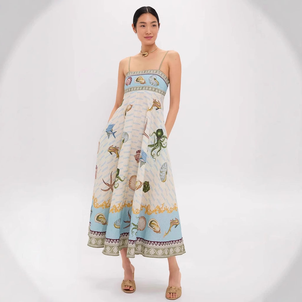 High-waisted Cotton-linen Printed Camisole Casual Fashionable Dress