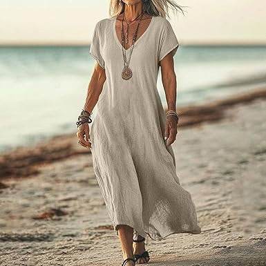 Loose Solid Color And V-neck Cotton And Linen Dress - G-daat