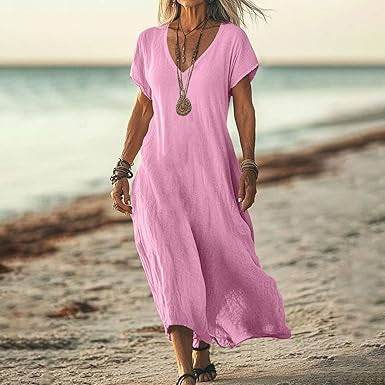 Loose Solid Color And V-neck Cotton And Linen Dress - G-daat