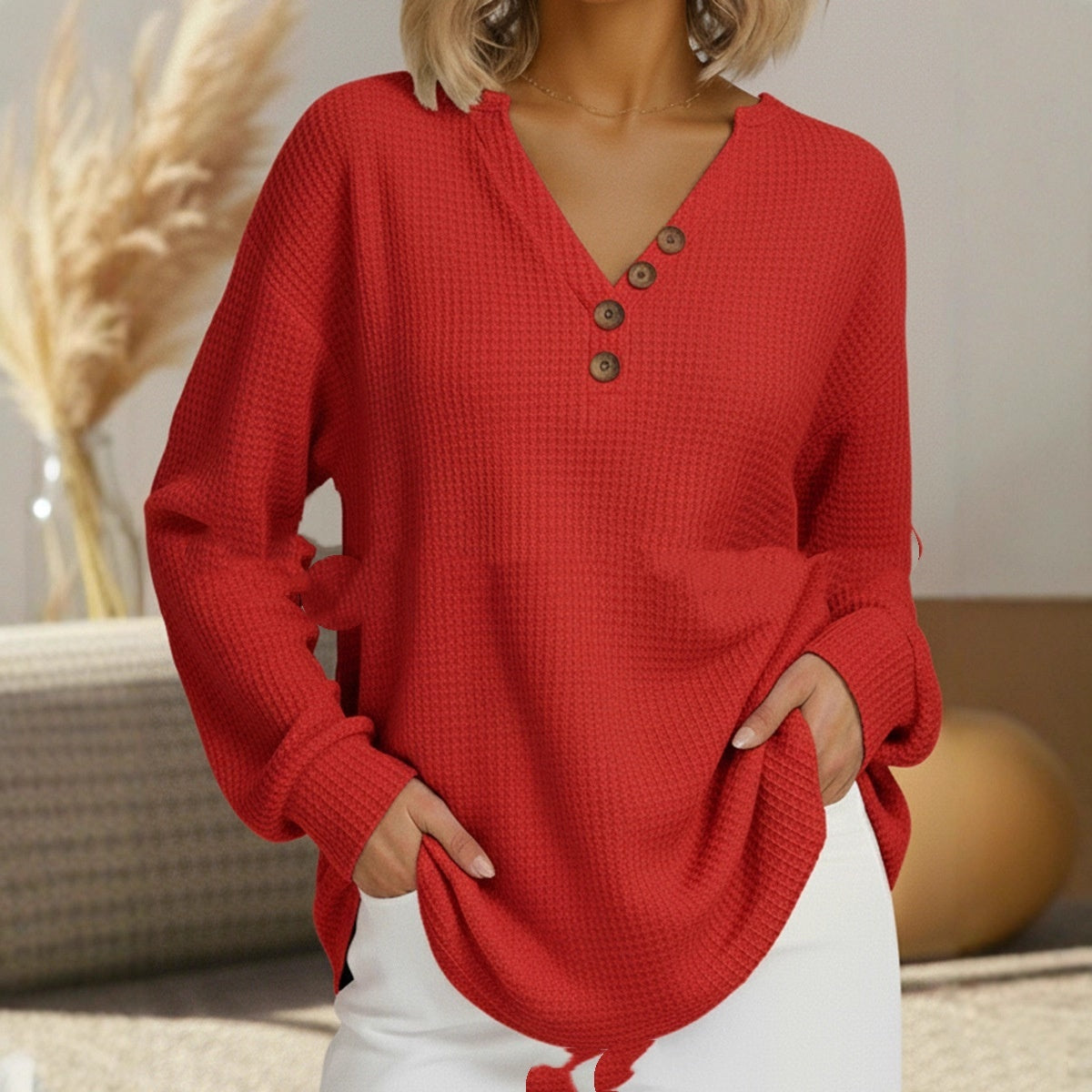 Casual Comfortable Loose Waffle Long Sleeve V-neck Women's Top