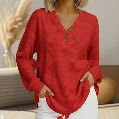 Casual Comfortable Loose Waffle Long Sleeve V-neck Women's Top