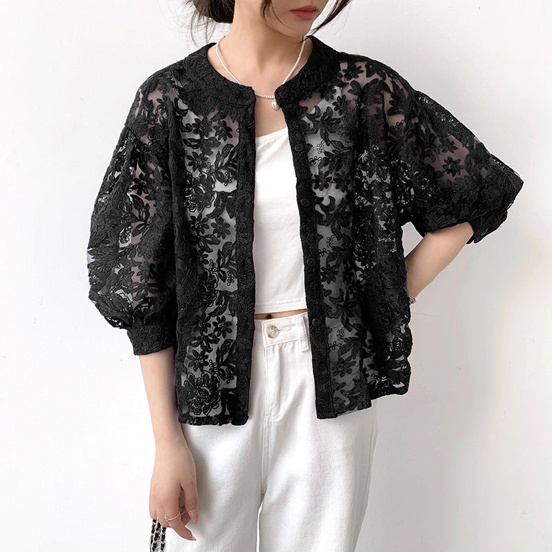 Lantern Sleeve Round Neck Lace Blouse