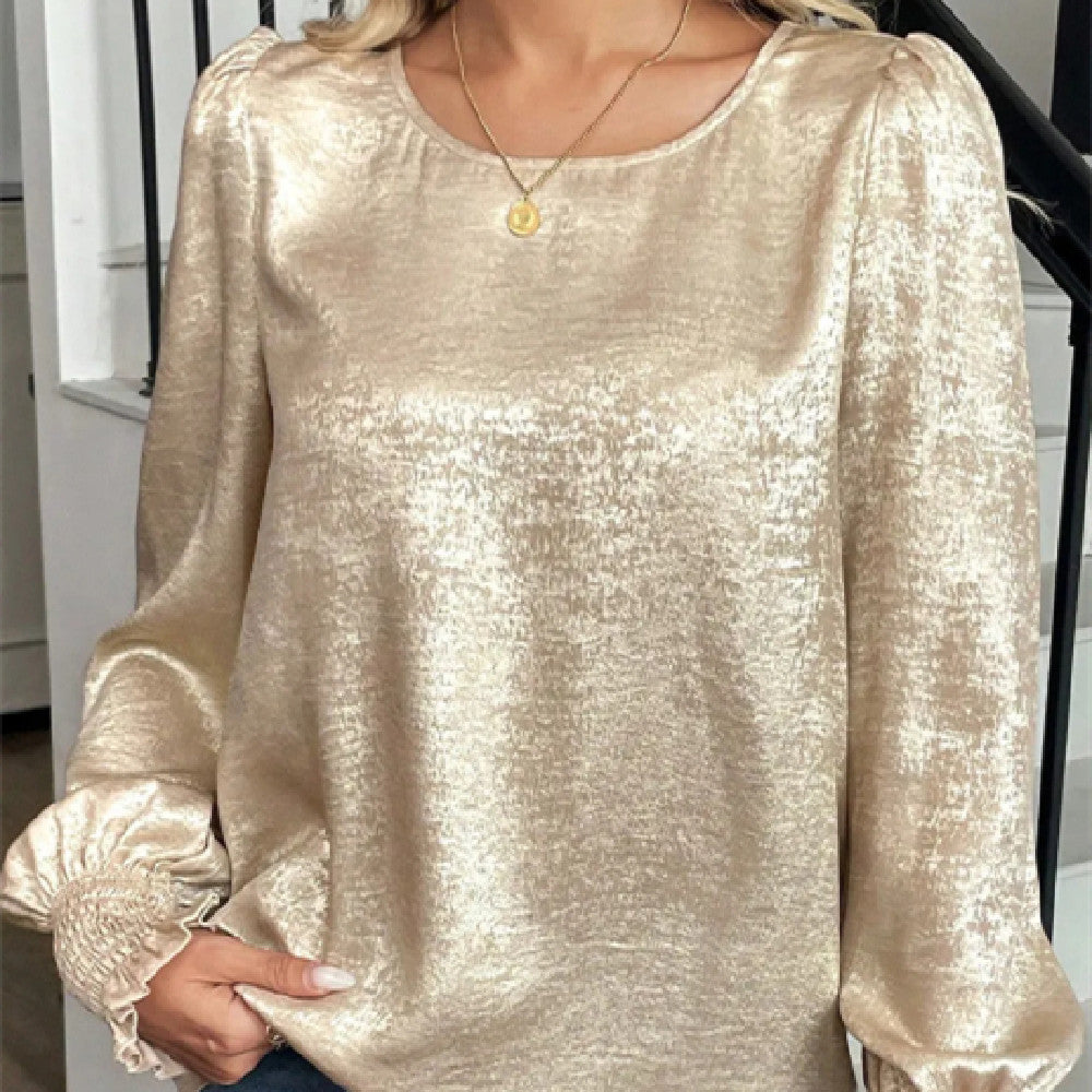 Apricot Metallic Round Neck Smocked Long Sleeve Blouse