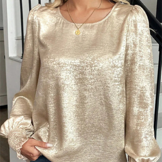 Apricot Metallic Round Neck Smocked Long Sleeve Blouse
