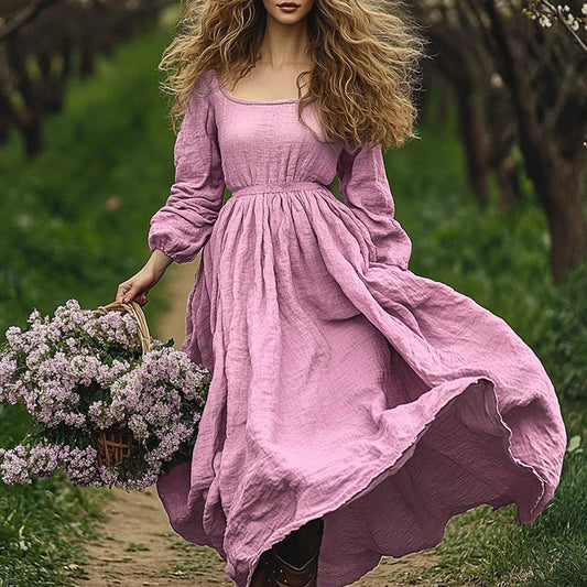 Women's Off-neck Retro Solid Color Long Sleeve Big Hem Dress