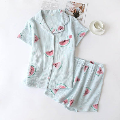 Summer Cotton Crepe Pajamas Short-sleeved Shorts Small Fresh Can Be Worn Outside Ladies' Homewear - G-daat