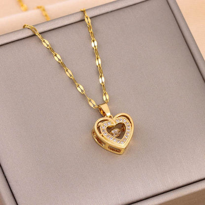 Double-layer Love Necklace With Rhinestones Titanium Steel Pendant Fashion Jewelry Woman Valentines Day Gift - G-daat