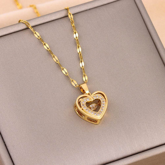 Double-layer Love Necklace With Rhinestones Titanium Steel Pendant Fashion Jewelry Woman Valentines Day Gift - G-daat