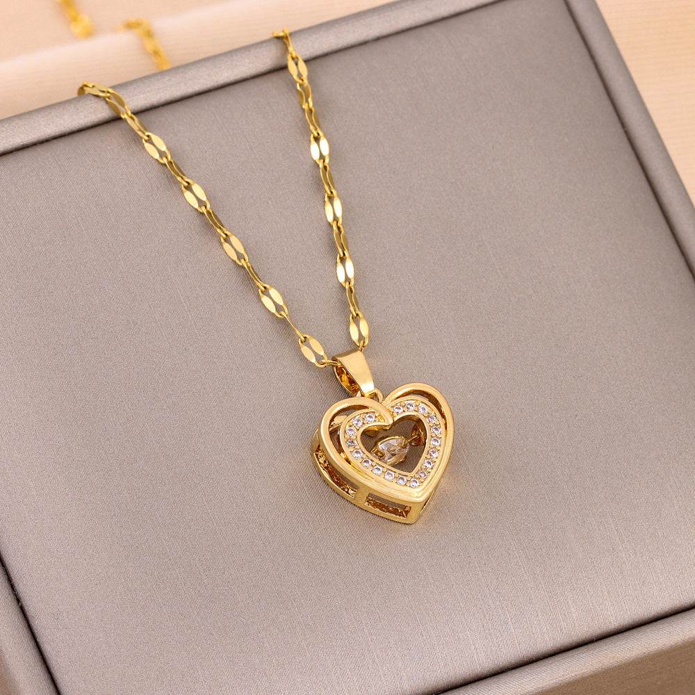 Double-layer Love Necklace With Rhinestones Titanium Steel Pendant Fashion Jewelry Woman Valentines Day Gift - G-daat