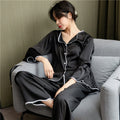 Solid Color Long Sleeve Trousers Cardigan Homewear Two Piece Straight Pants