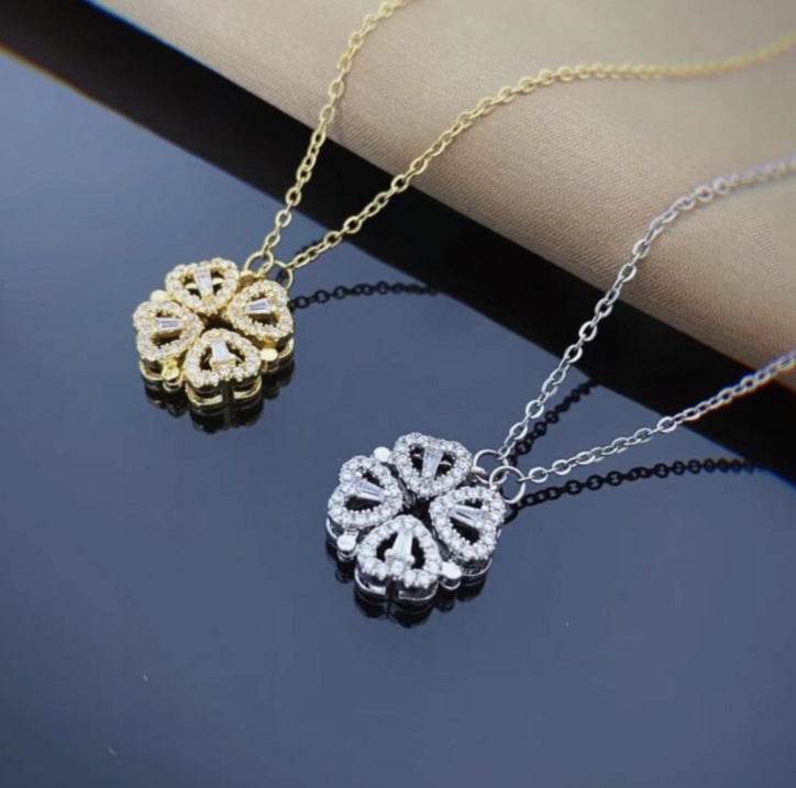 Retro Magnetic Folding Heart Shaped Four Leaf Clover Pendant Necklace Women Love Clavicle Chain Gifts Openable Choker Jewelry - G-daat