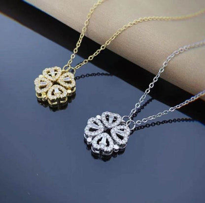 Retro Magnetic Folding Heart Shaped Four Leaf Clover Pendant Necklace Women Love Clavicle Chain Gifts Openable Choker Jewelry - G-daat