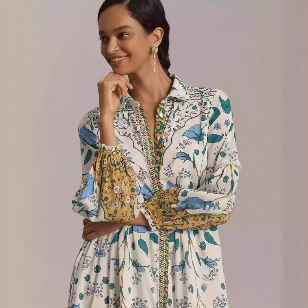 Women's Floral Print Long-sleeved Shirt Dress