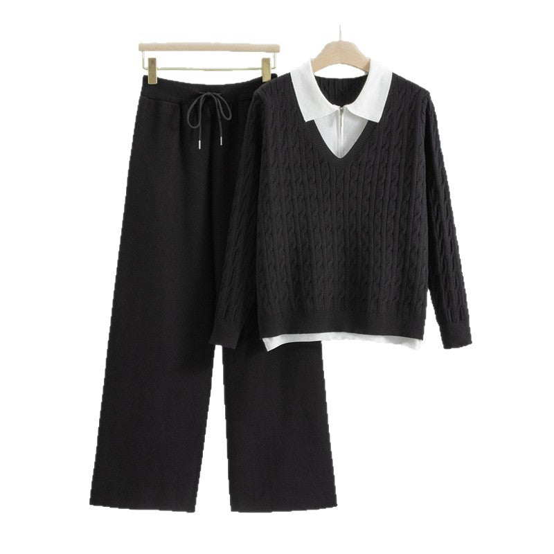 Cable-knit Sweater Polo Collar Knitwear Wide Leg Pants Two-piece Set