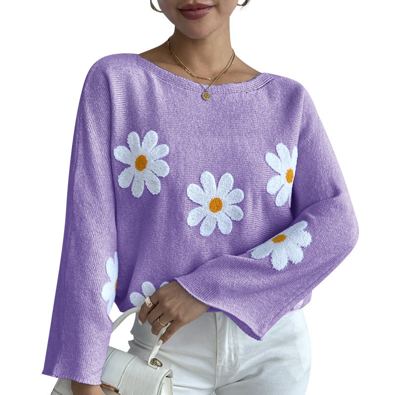 Sweet Flowers Loose Knitted Sweater For Women