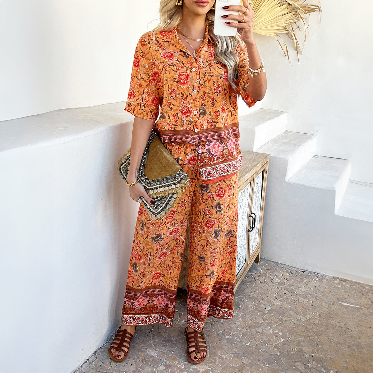 Contrast Color Bohemian Vacation Style Short Sleeve Long Pants