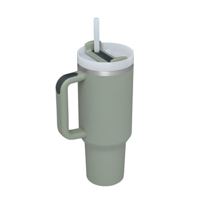 Green insulated mug with handle and straw lid on a white background