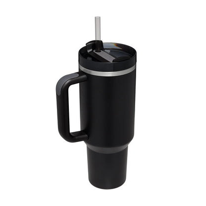 Black insulated mug with handle and straw on a white background