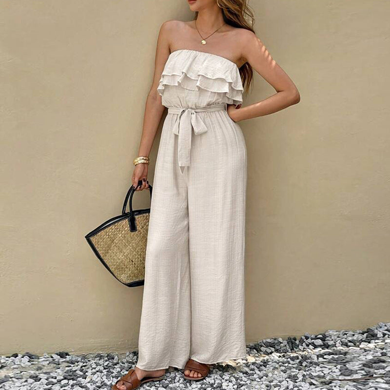 Women's Summer Sleeveless Tube Top Jumpsuit Ruffled Tied Jumpsuit