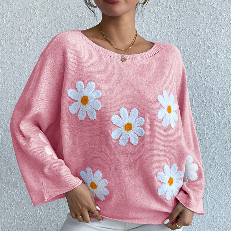 Sweet Flowers Loose Knitted Sweater For Women