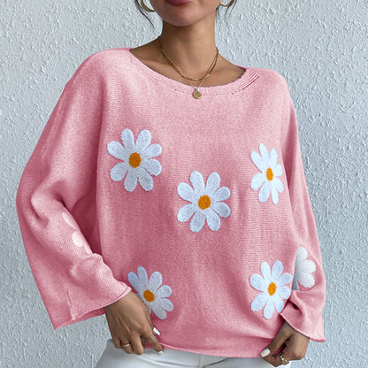 Sweet Flowers Loose Knitted Sweater For Women