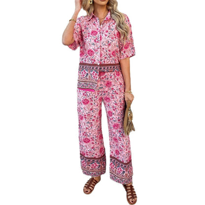 Contrast Color Bohemian Vacation Style Short Sleeve Long Pants