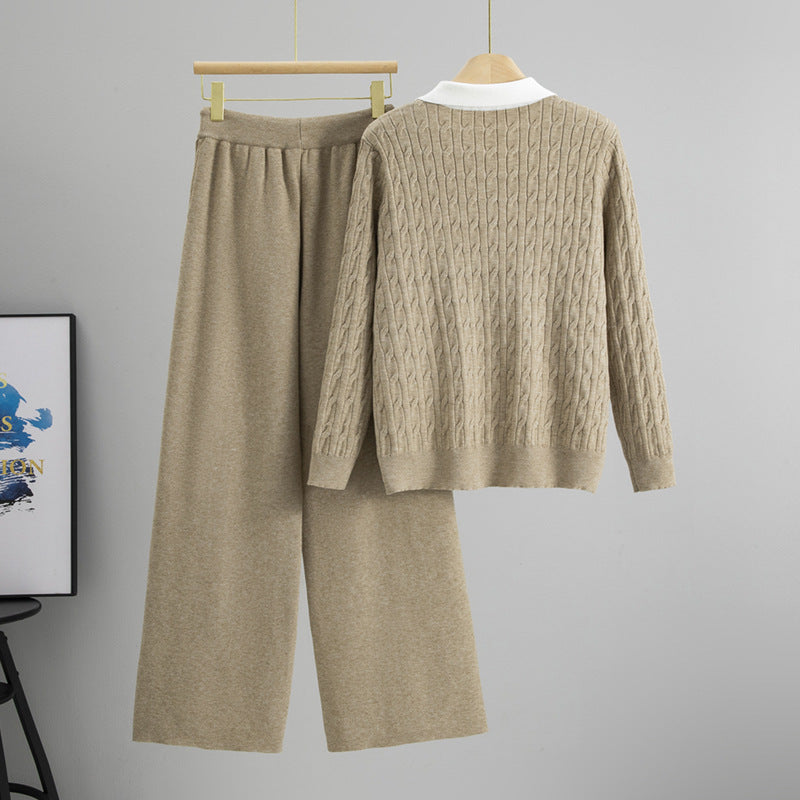 Cable-knit Sweater Polo Collar Knitwear Wide Leg Pants Two-piece Set