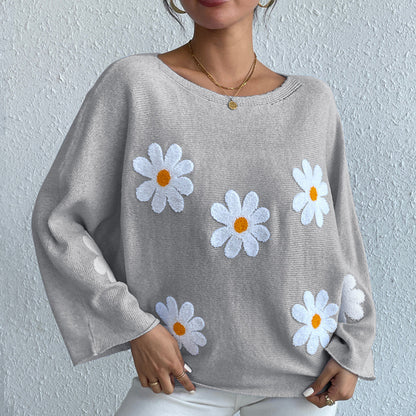 Sweet Flowers Loose Knitted Sweater For Women